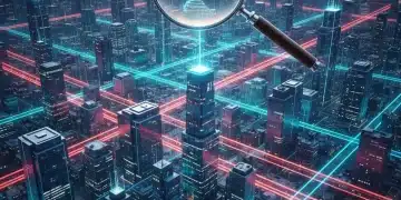 Futuristic city with data networks, symbolizing AI governance and regulatory oversight