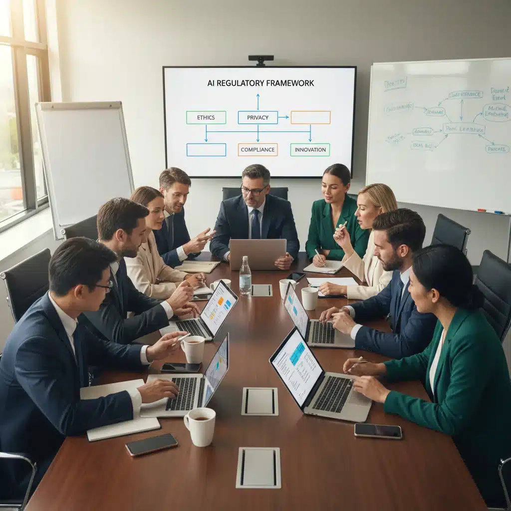 Business leaders strategizing for AI regulatory challenges in a meeting room