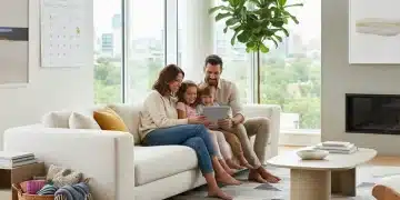 Happy family on couch reviewing Child Tax Credit 2026 information
