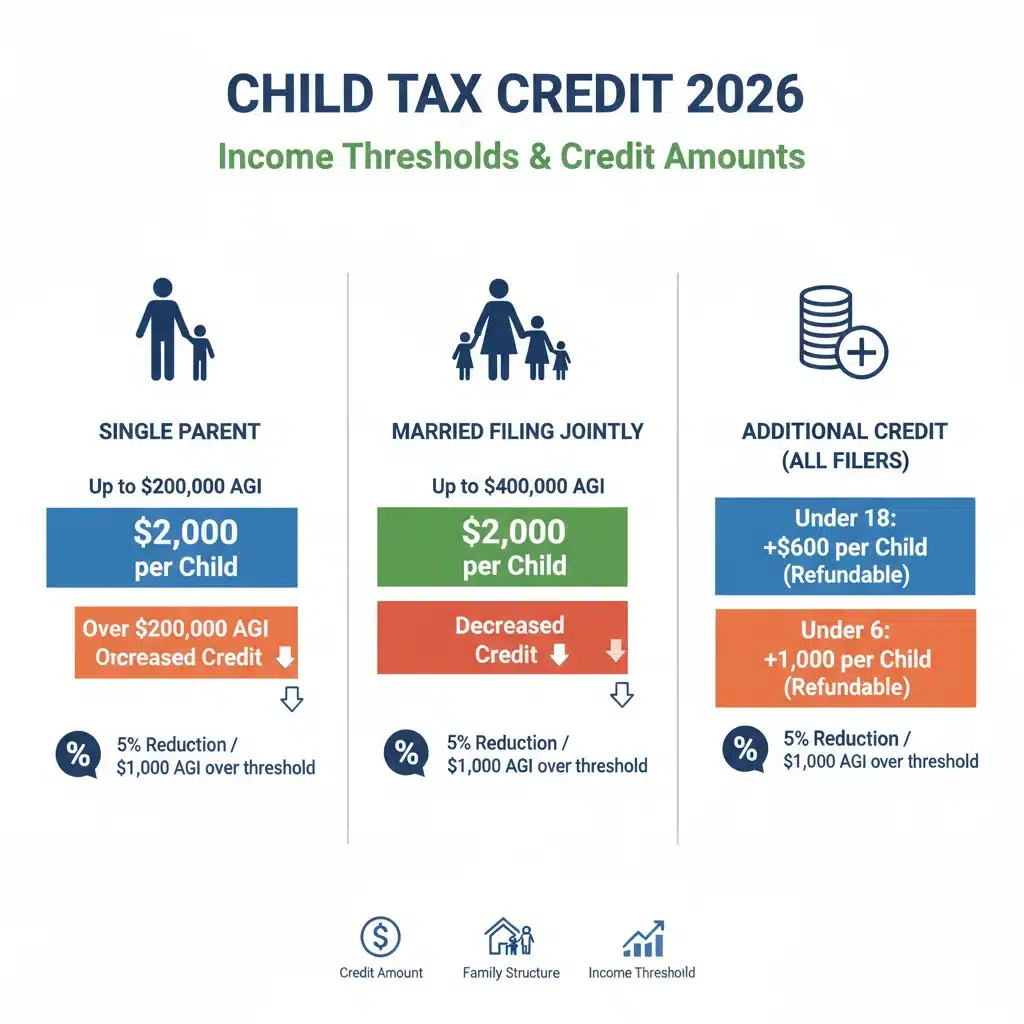 Infographic showing Child Tax Credit 2026 income thresholds and credit amounts