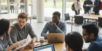 College students reviewing financial aid documents on a modern campus