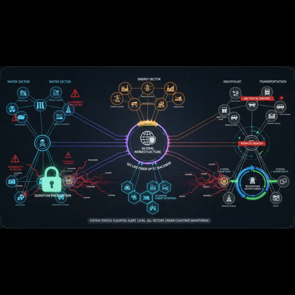 Intricate network diagram showing critical infrastructure sectors and cybersecurity defenses.