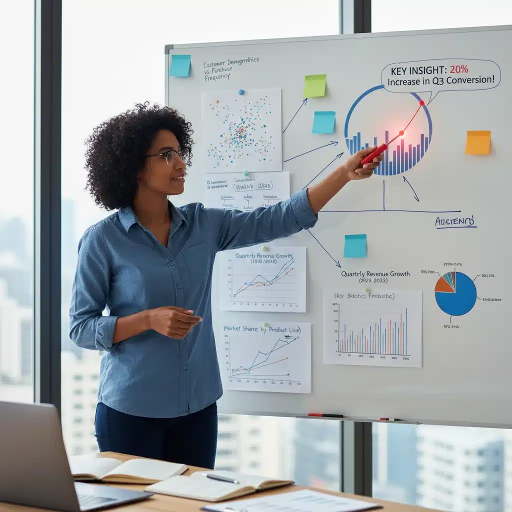 Data scientist analyzing charts on whiteboard