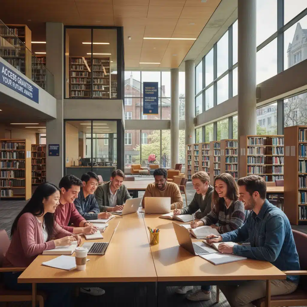 Diverse college students studying together happily in library