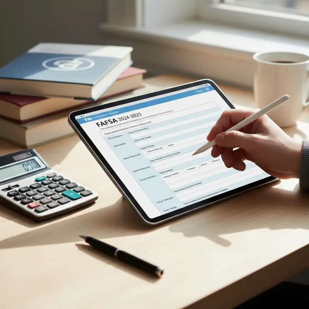Hand completing FAFSA form on tablet with calculator