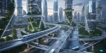 Futuristic city with integrated public transport network