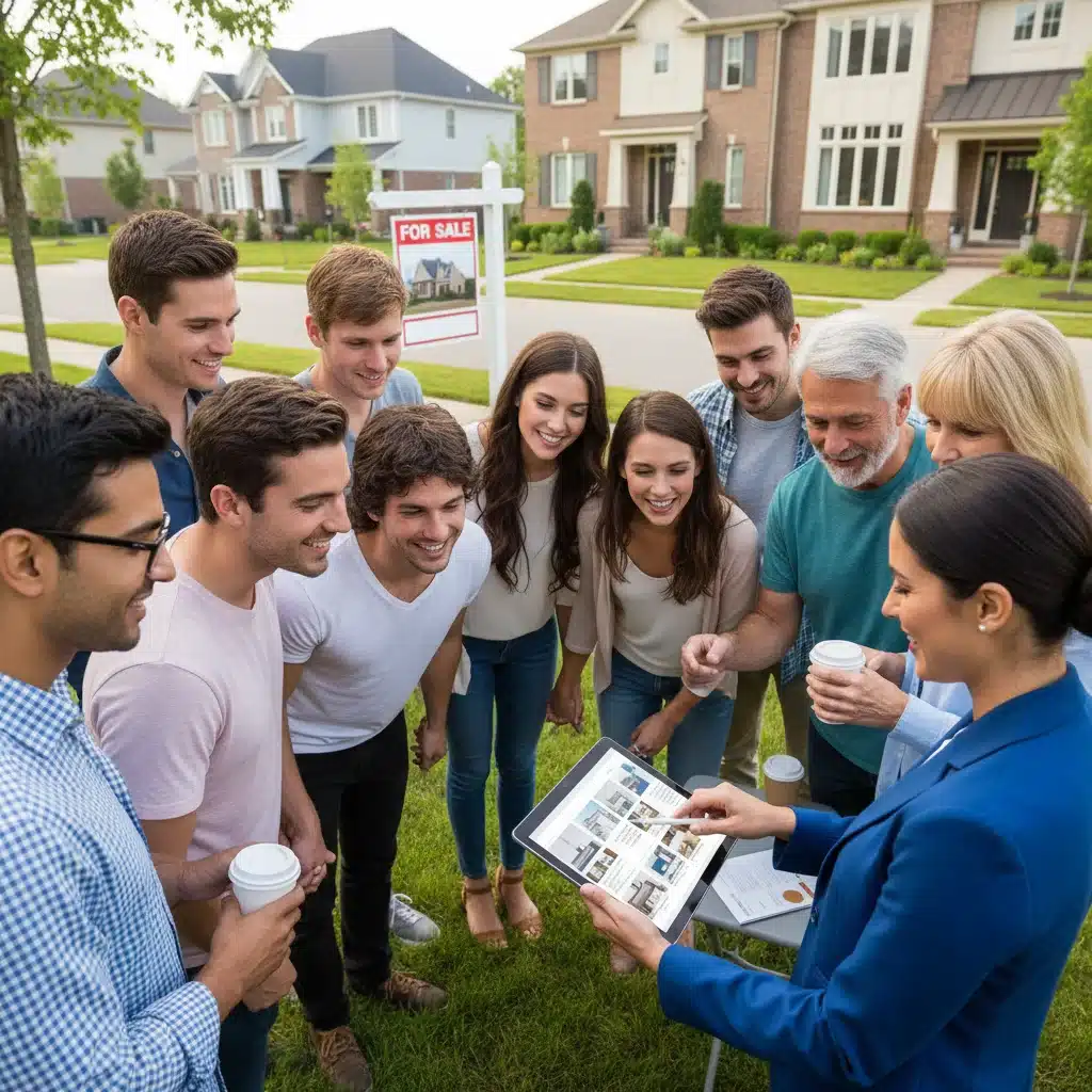 Diverse group of people discussing property listings with a real estate agent.