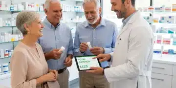 Seniors discussing prescription costs with pharmacist, highlighting Medicare Part D savings