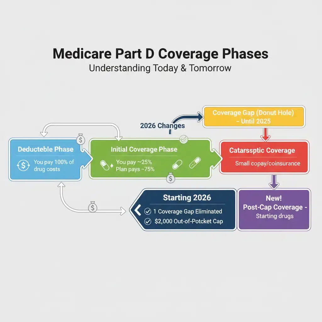 Infographic showing Medicare Part D coverage phases and 2026 changes