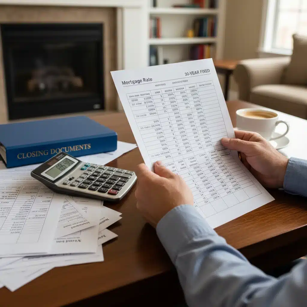 Hands holding a mortgage interest rate sheet with a calculator and documents.