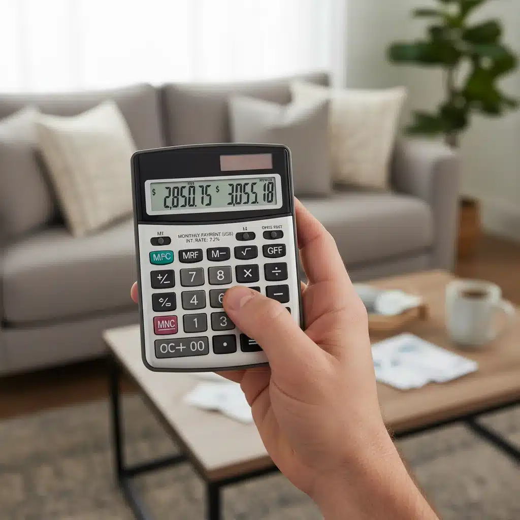 Hand using calculator to estimate increasing mortgage payments due to interest rate hikes.