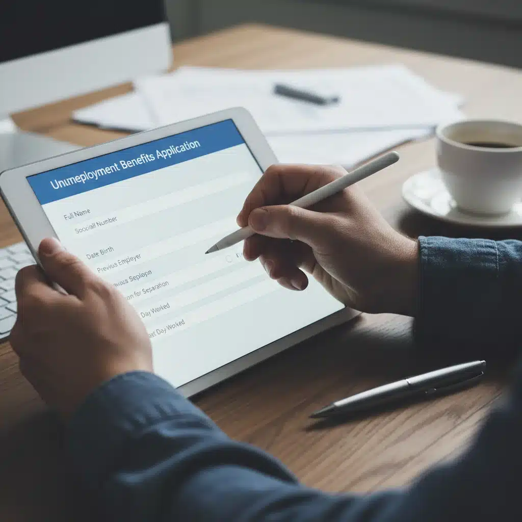 Hands filling out online unemployment benefits application form.