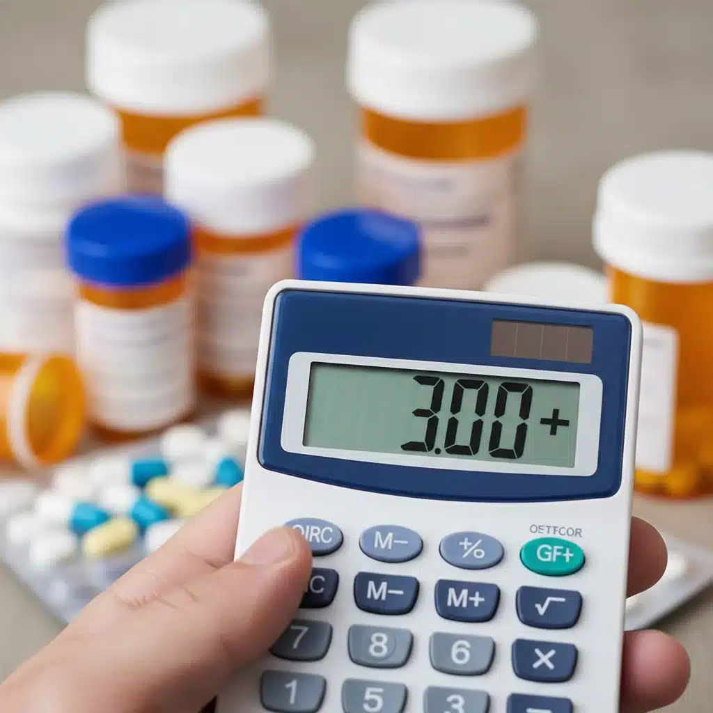 Hand holding calculator showing 0+ savings with prescription bottles