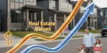 Graph showing rising real estate values and interest rates, with houses in the background.
