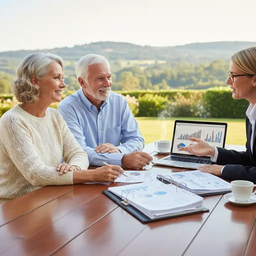 Senior couple consulting financial advisor for retirement planning.