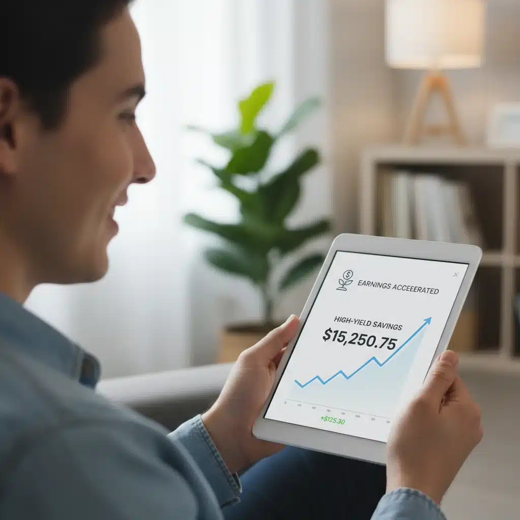 Person happily viewing increased savings account balance on a digital banking app due to higher interest rates.