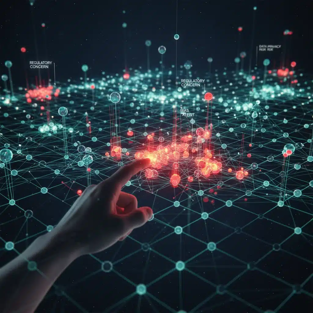 Intricate network of AI systems and data, highlighting areas of regulatory focus and potential risks.