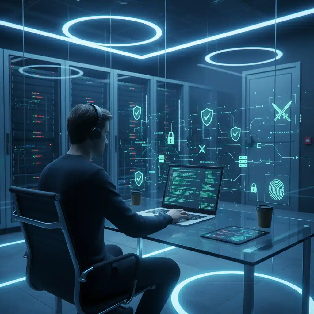 Cybersecurity expert analyzing threat data on a laptop