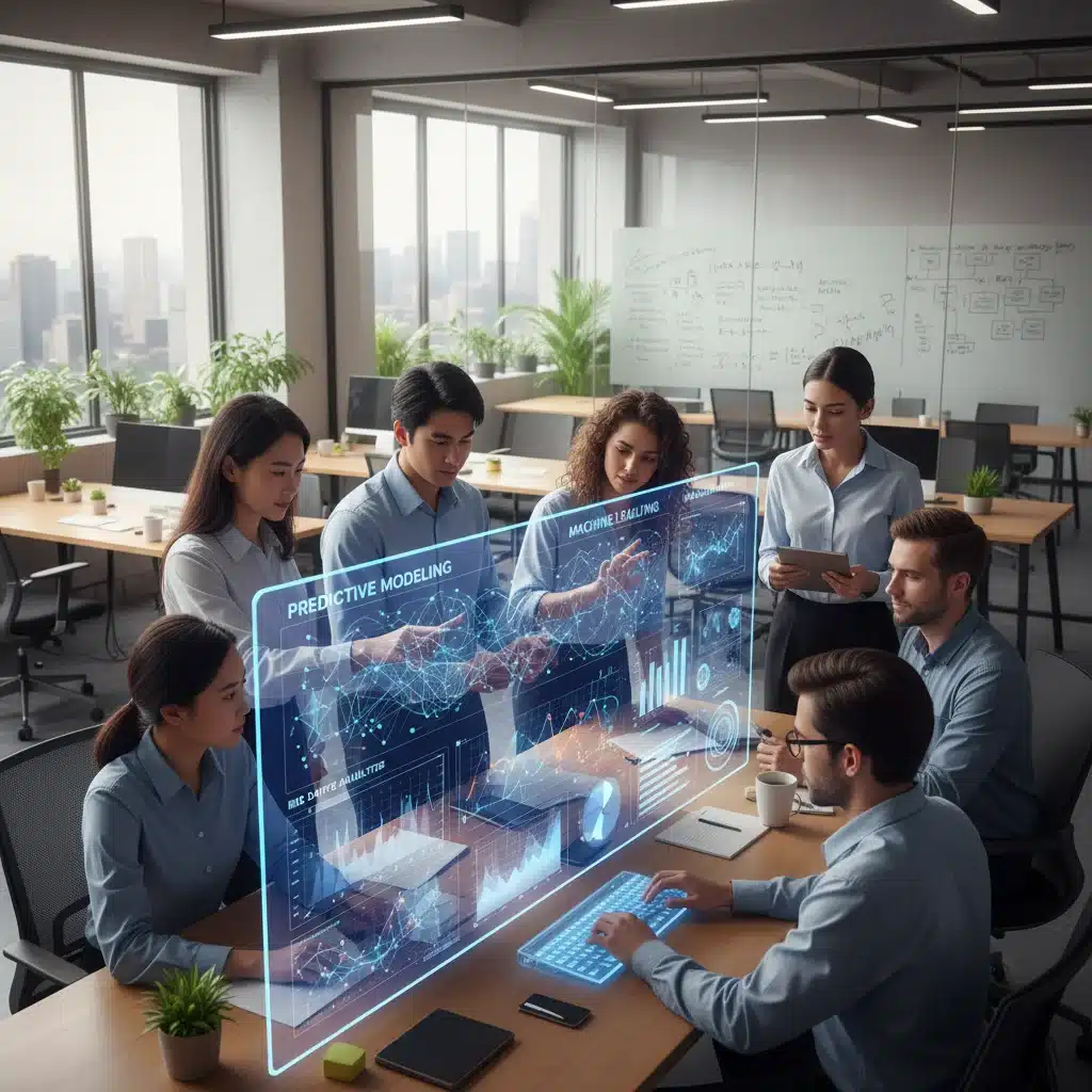 Data science team collaborating on complex data visualization