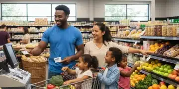Family smiling while shopping for groceries with an EBT card