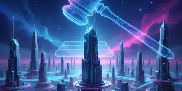 Stylized digital gavel over a futuristic cityscape, representing upcoming federal AI regulations and governance.