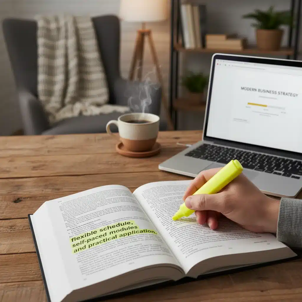 Hand highlighting text in a textbook with an online course on a laptop in a home office.