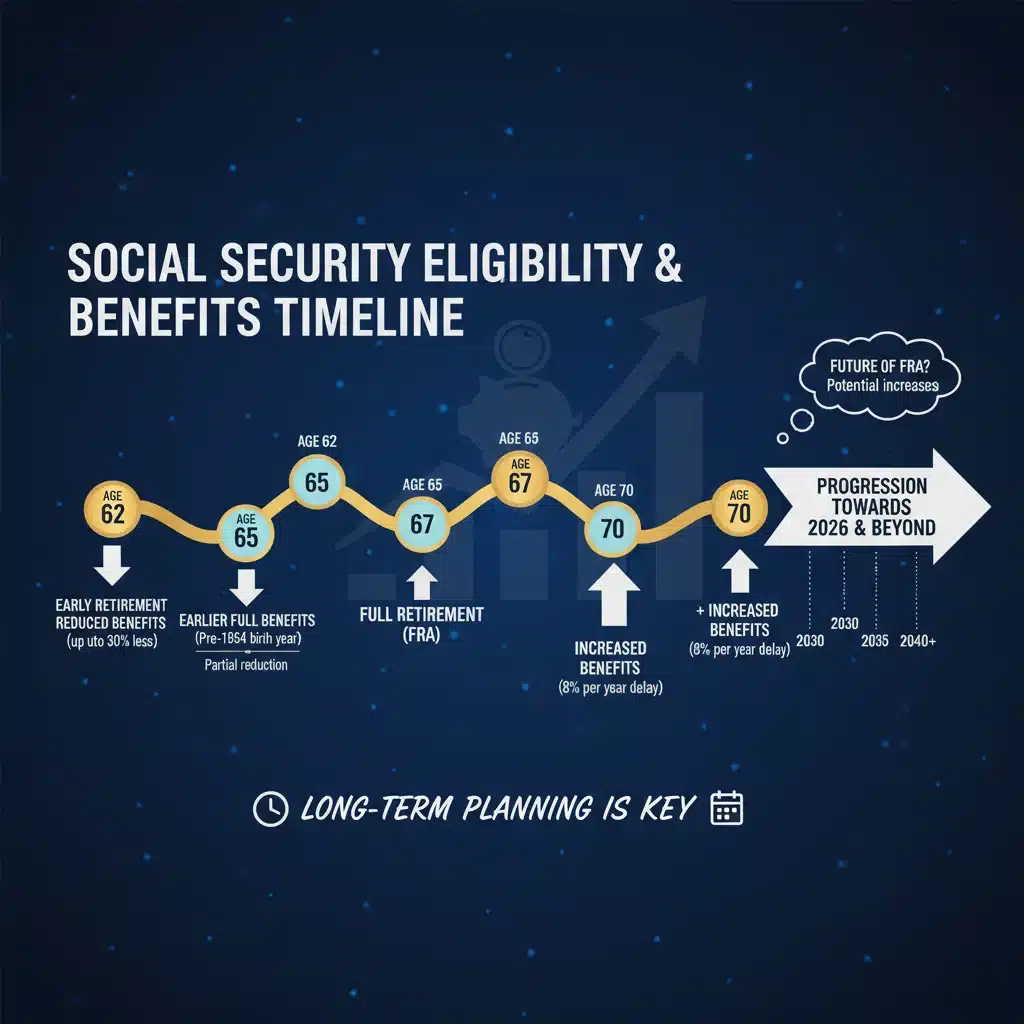 Timeline showing Social Security eligibility age and benefit milestones