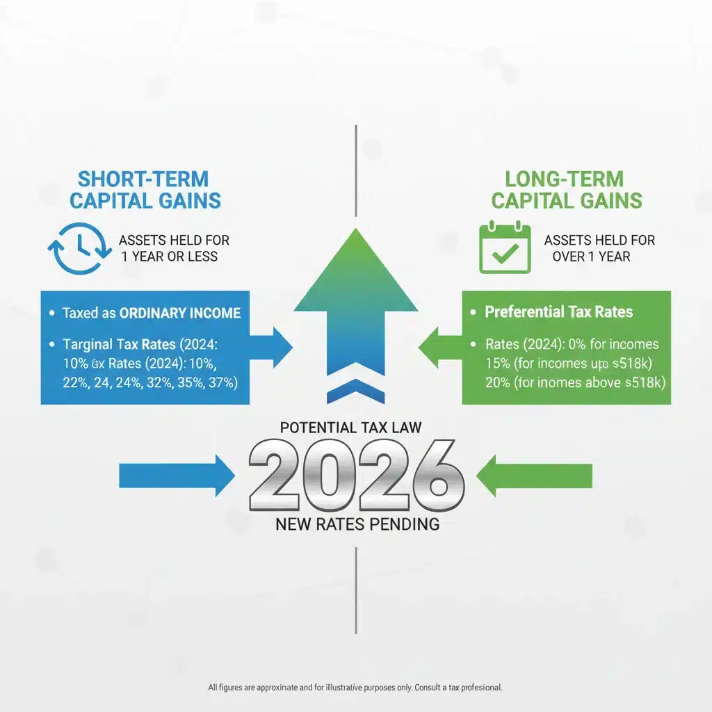 Infographic explaining capital gains tax types and 2026 rates