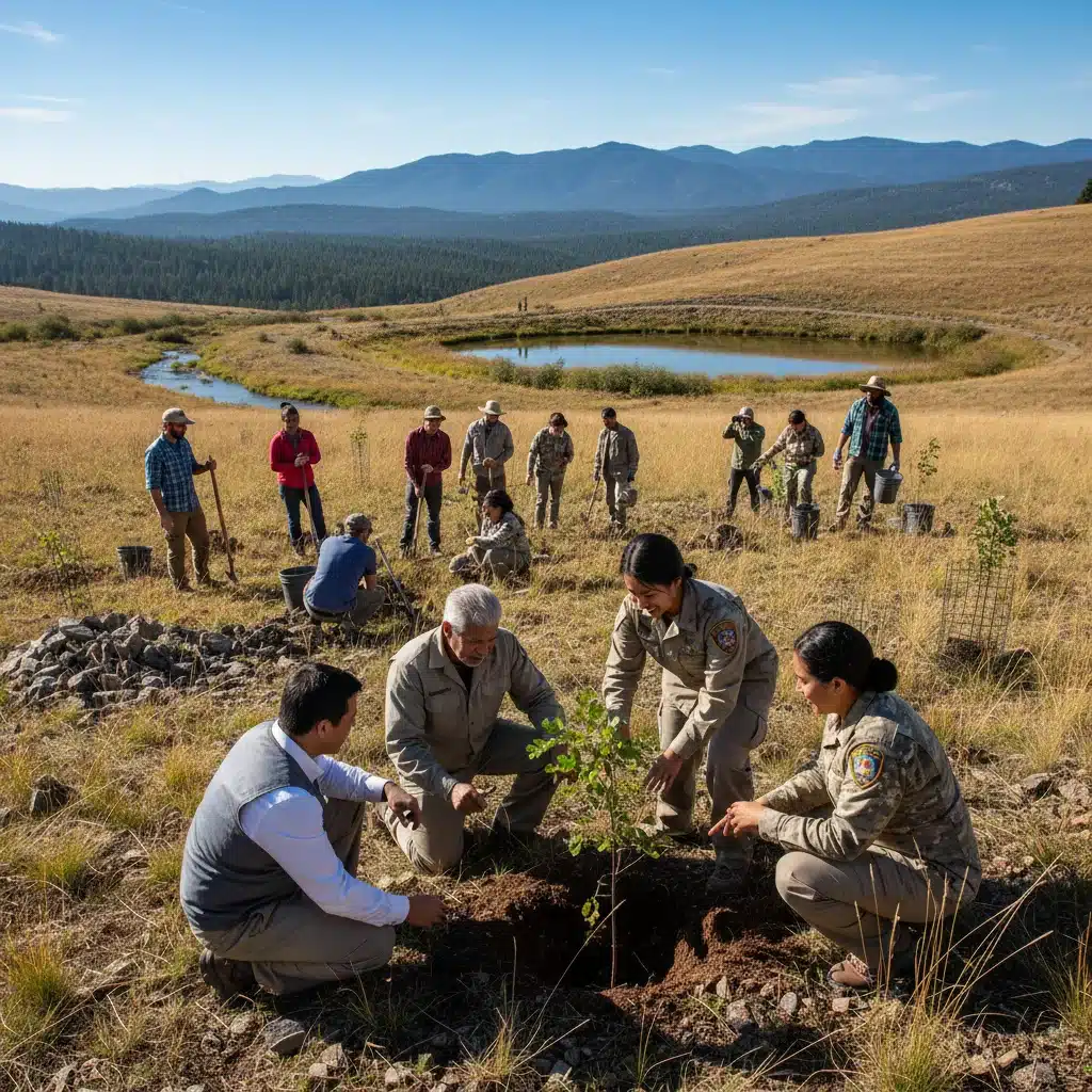 Diverse team collaborating on a land restoration project, symbolizing community and agency involvement.