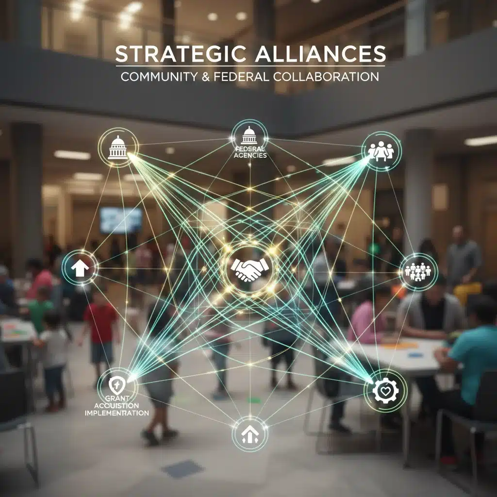 Interconnected network symbolizing community partnerships and federal collaboration
