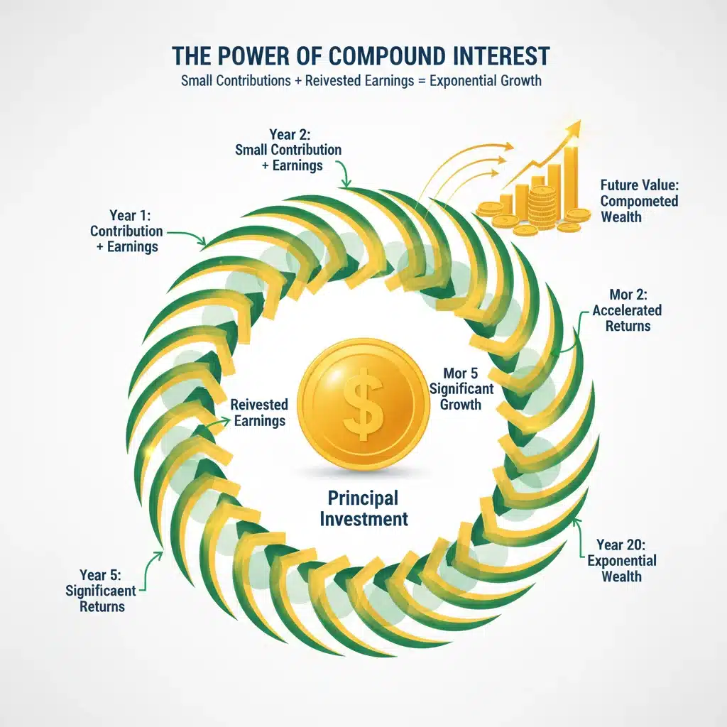 Infographic demonstrating the power of compound interest for long-term investment growth.