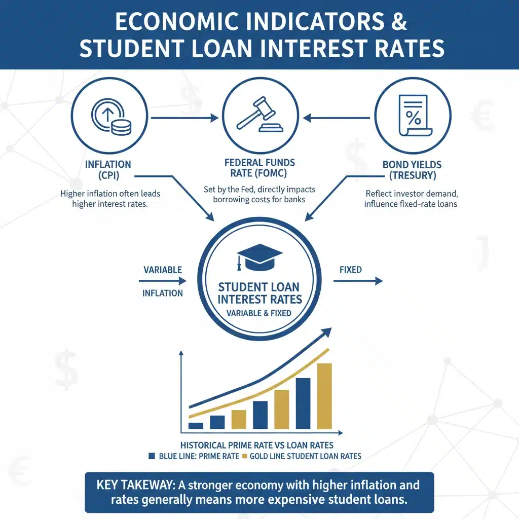 Infographic showing economic factors influencing student loan rates