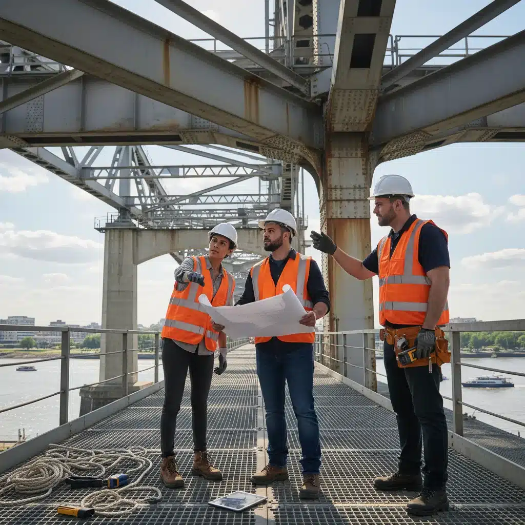 Engineers inspecting bridge structure with blueprints