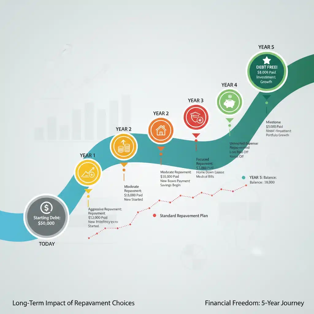 Five-year financial timeline showing student loan debt progression