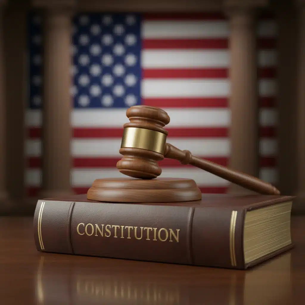Gavel on law book with American flag, representing legal authority