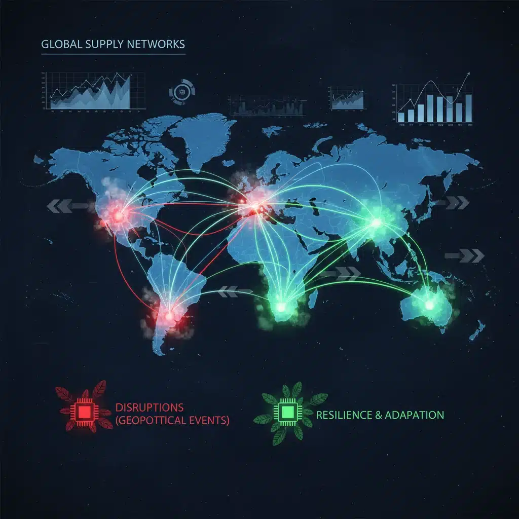 Complex global supply chain network with highlighted disruptions and resilient routes, reflecting geopolitical challenges.