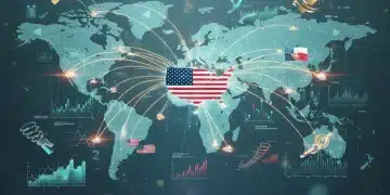 Global trade map with intertwined flags and economic graphs, illustrating geopolitical shifts affecting US trade relations in 2026.