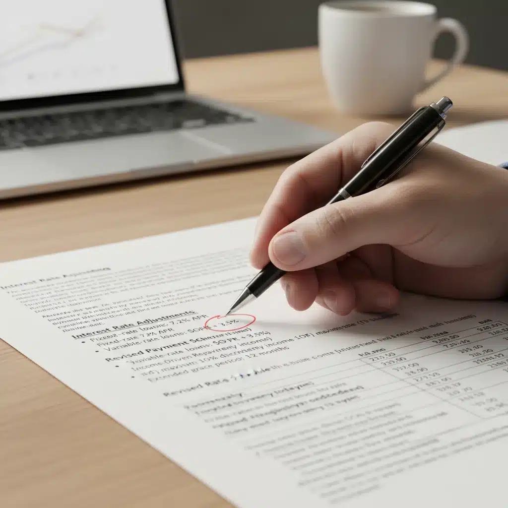 Hand highlighting interest rates on a student loan repayment document