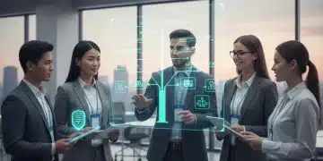 Professionals gaining a competitive edge with micro-credentials in a modern office setting.