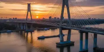Modern bridge with new repairs at sunset, symbolizing strong infrastructure