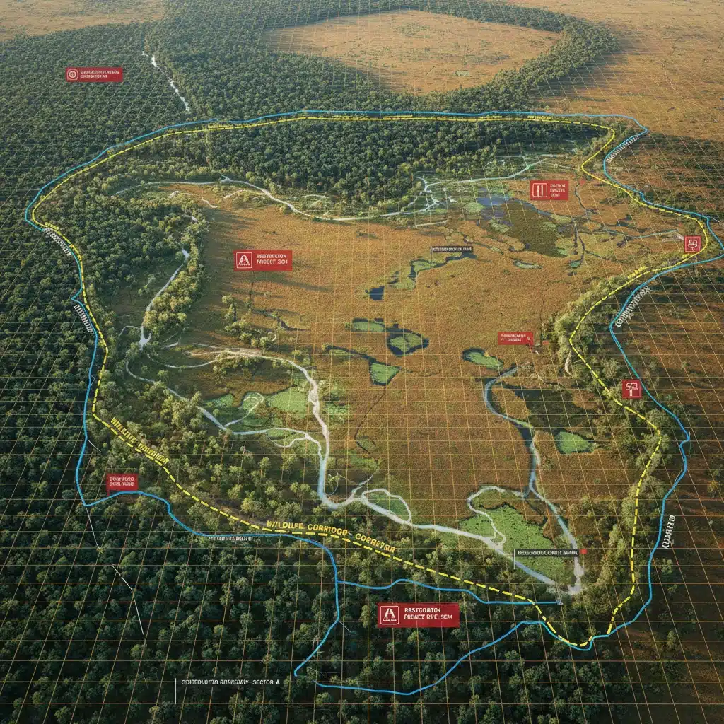 Detailed aerial map of a protected area showing ecological zones and conservation efforts.