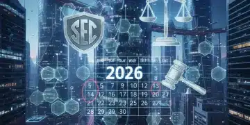 Futuristic digital ledger with SEC regulatory overlay for 2026 crypto regulations.