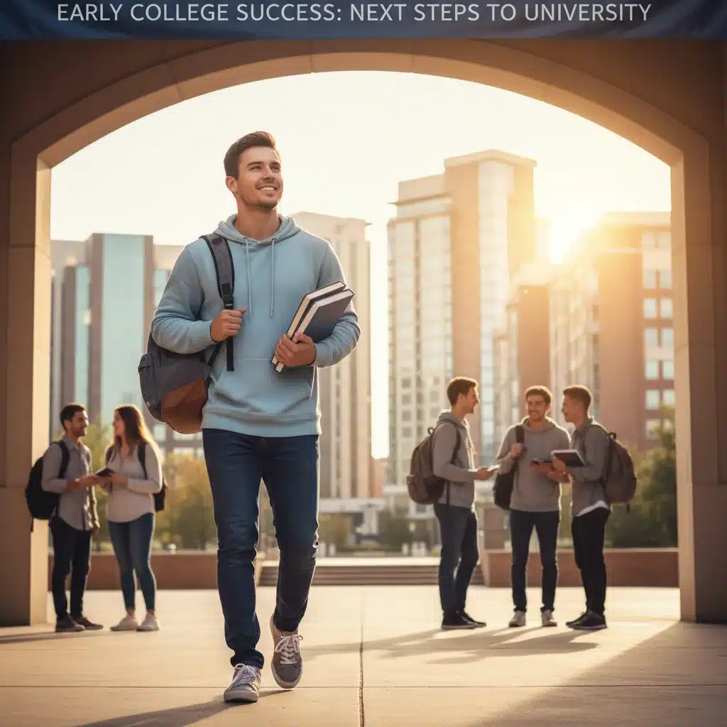 Confident student walking on college campus after early college