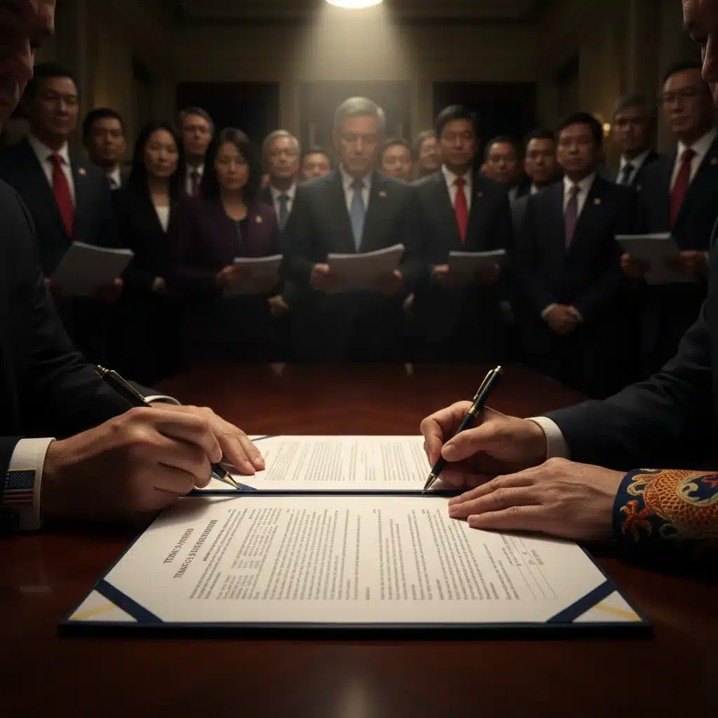 Hands signing a complex international trade agreement, representing treaty negotiations and ratification.