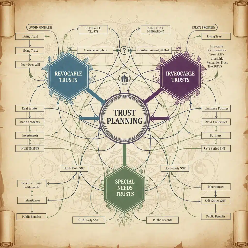 Complex flowchart illustrating various types of trusts and asset allocation strategies