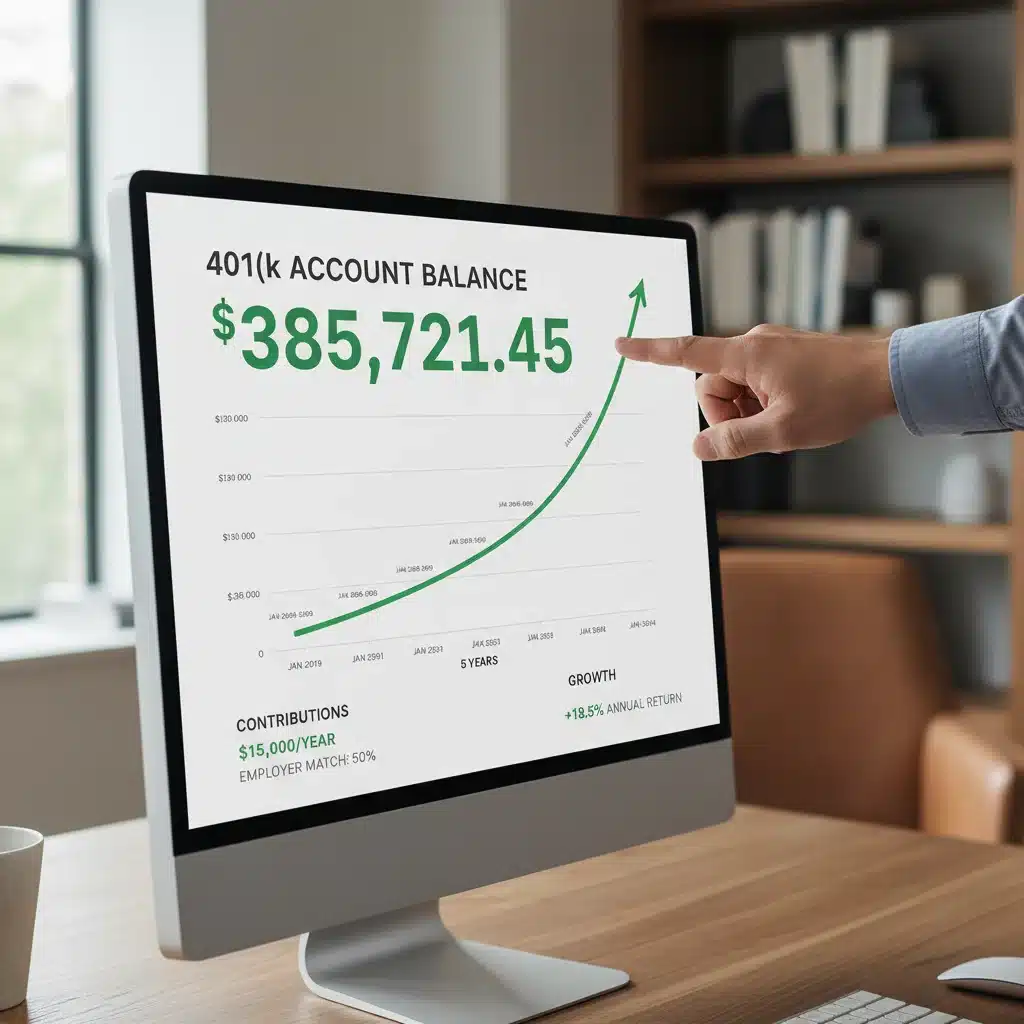Financial statement showing increasing 401(k) balance, indicating successful savings.