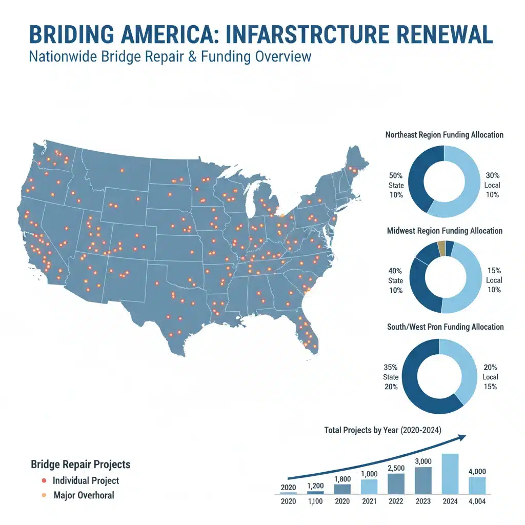 Infographic of US map with bridge repair project locations and funding distribution