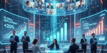 Futuristic office with virtual and in-person collaboration, symbolizing 2026 labor market trends and remote work growth.