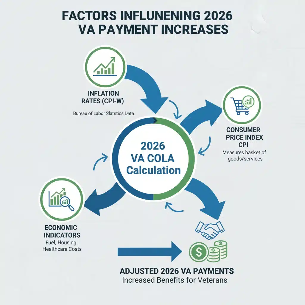 Infographic showing COLA calculation factors for VA disability payments