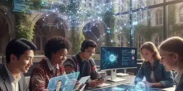 Diverse students accessing online learning on various devices, global education network